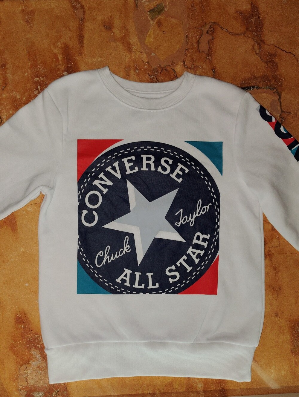 Converse Kids White Sweatshirt with Navy All Star Logo and Red & Teal    Size S